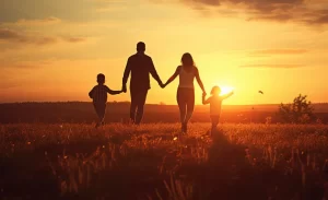 familia caminhando em direção ao por do sol