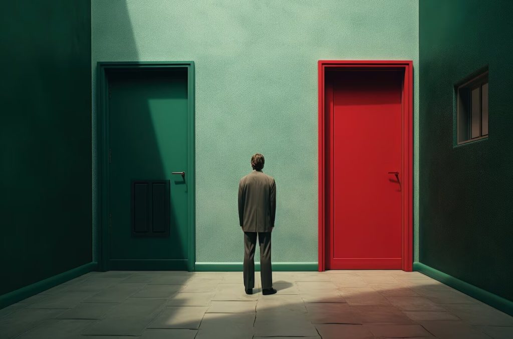 homem parado em frente a porta verde e porta vermelha