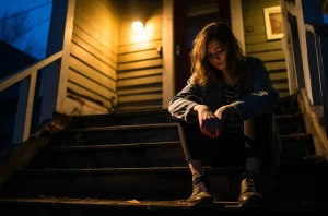 mulher cabisbaixa sentada em frente a casa com luz amarela