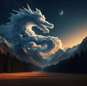 nuvens em formato de dragão em meio a montanhas